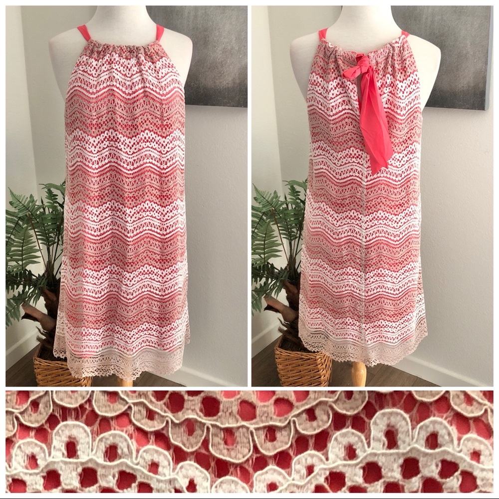 Trina Turk Peach & White Valencia Lace Overlay Halter Neck Dress